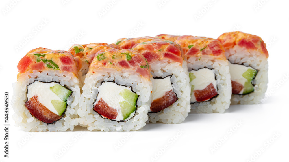 Sushi roll with salmon and tuna isolated on white Sushi roll with salmon and tuna isolated on white