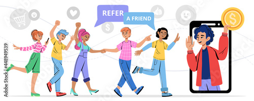 Refer a friend vector illustration. Young man invites his friends to a referral program, marketing concept. Business partnership strategy with group of people. Referral system, group of customers.