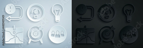 Set Target, Light bulb, Intersection point, Project team base, Digital speed meter and Arrow icon. Vector