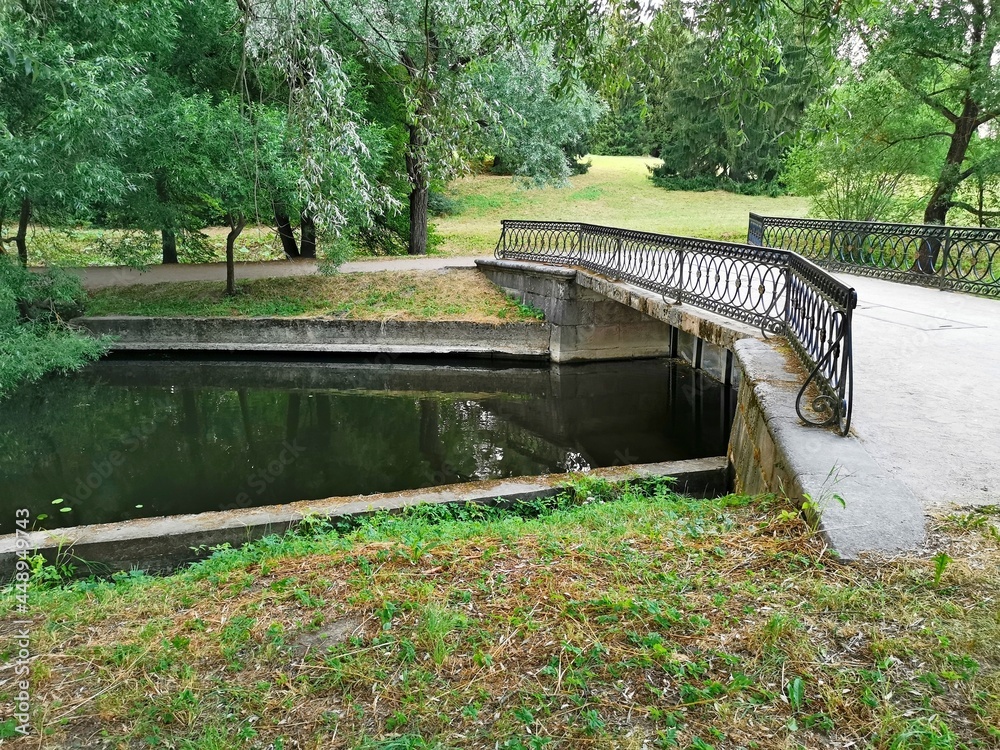 stone bridge over the pond Pavlovsk park summer day