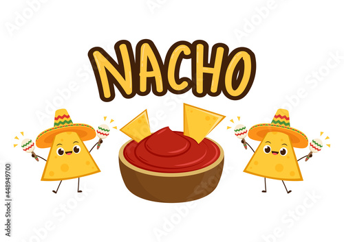 Nacho character design. Nachos on white background. Mexican hat. sauce cup vector.