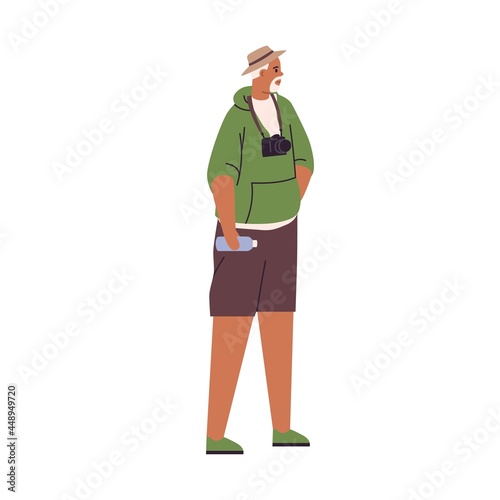 Senior tourist standing with camera and water bottle in hand. Mature travel photographer during sightseeing. Modern old man in trip. Flat vector illustration of traveler isolated on white background