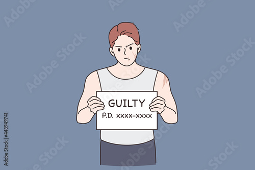 Criminal avatar, Robber, thief, bandit photo. Man cartoon character standing beside wall with black board in hand and word guilty looking at camera vector illustration
