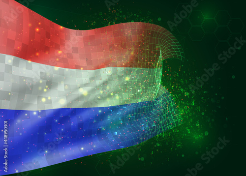Netherlands  vector 3d flag on green background with polygons and data numbers