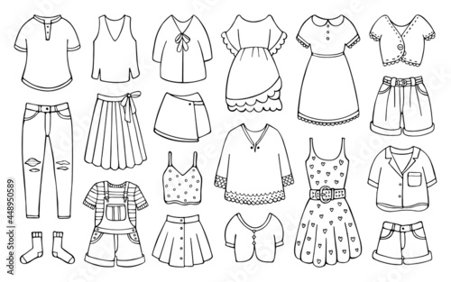 Hand-drawn set of female clothes for spring and summer. Doodle women garment items isolated on the white background