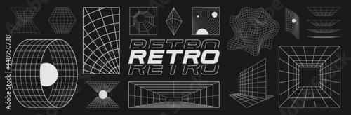 Canvastavla Set of retrofuturistic design elements, perspective grids, tunnel, RETRO title, polar grid, blackhole, bipyramide, circle portal, gravity visualization
