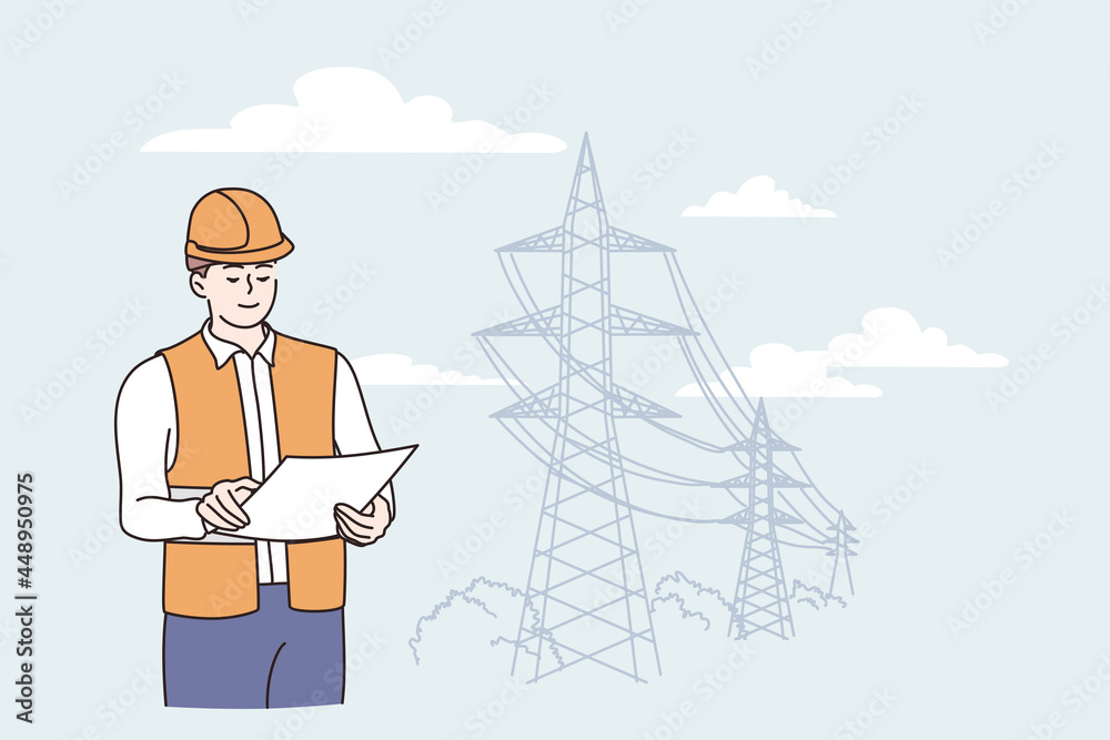 Engineer construction during work concept. Young positive man cartoon character engineer in work protective wear standing looking at plan at construction vector illustration Stock Vector | Adobe Stock Engineer construction during work concept. Young positive man cartoon character engineer in work protective wear standing looking at plan at construction vector illustration Stock Vector | Adobe Stock
