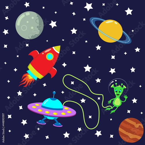 Fototapeta Naklejka Na Ścianę i Meble -  Illustration of space rocket, flying saucer, alien and planets. Starry sky. vector. galaxy