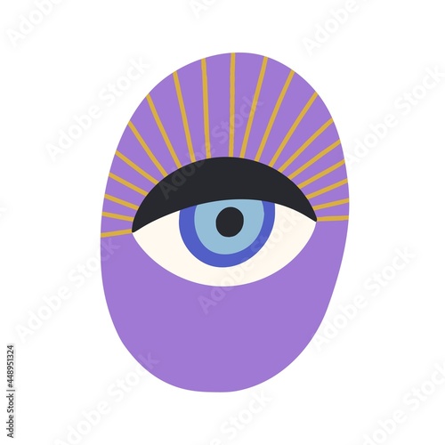 Magic evil eye with eyelashes. Esoteric sacred eyeball with mystical look. Ancient spiritual symbol drawn in modern doodle style. Colored flat vector illustration isolated on white background