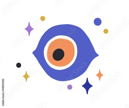Turkish God eye looking down from heavens with stars. Magic esoteric evil eyeball watching. Abstract mystical holy symbol in doodle style. Colored flat vector illustration isolated on white background