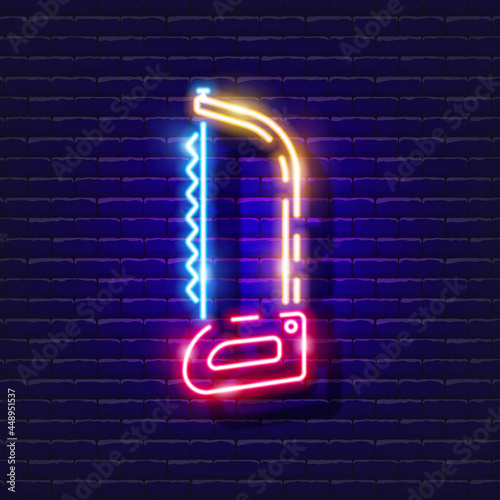 Hacksaw for metal neon icon. Vector illustration for design. Repair tool glowing sign. Construction tools concept.