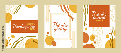 Thanksgiving trendy template with shape and doodle organic autumn elements. Flat vector illustration for cards, covers and flyers