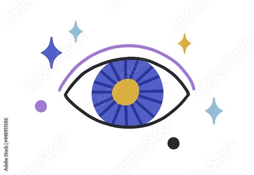 Esoteric magic evil eye among stars. Mystical occult eyeball with hypnotic look. Holy God watching. Ancient spiritual symbol in doodle style. Flat vector illustration isolated on white background