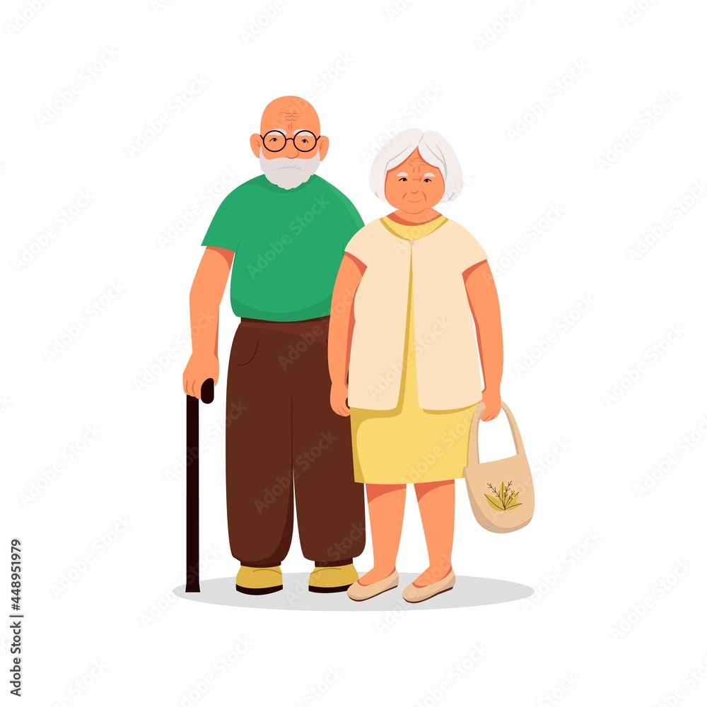 Elderly couple, husband and wife couple in old age. Vector cartoon characters. Flat illustration. Elderly couple, husband and wife couple in old age. Vector cartoon characters. Flat illustration.