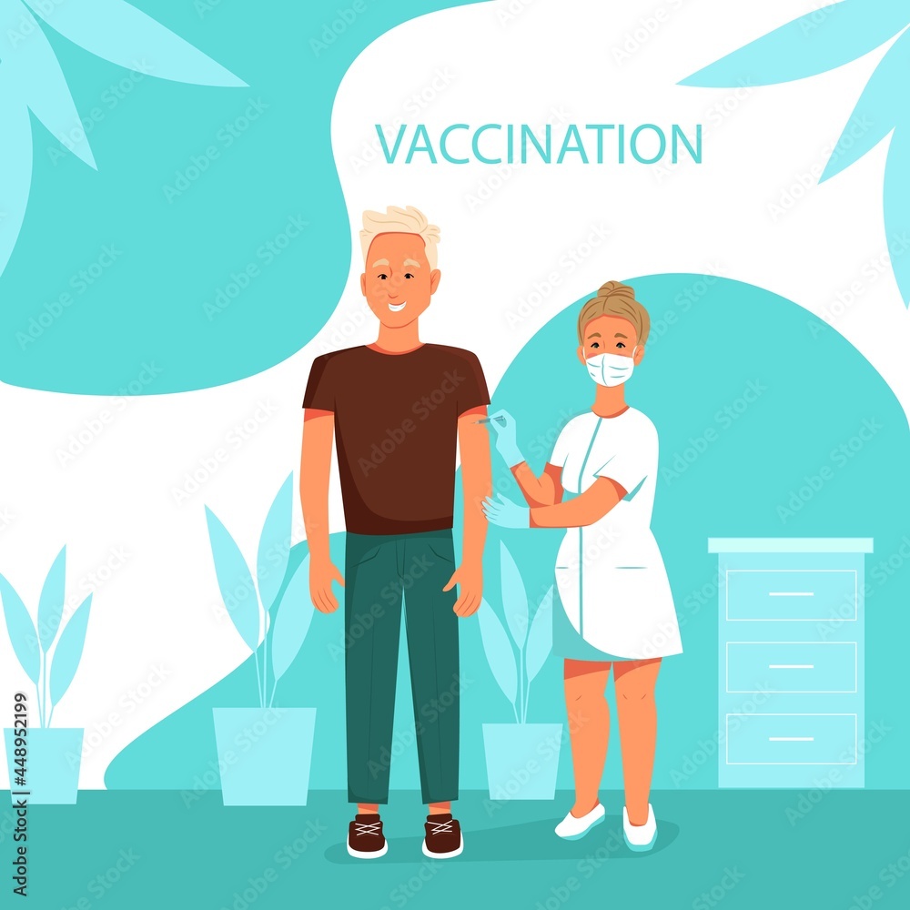 The doctor vaccinates a young man. The concept of vaccination against coronavirus. Vector banner template in flat style. Medical worker in a mask.