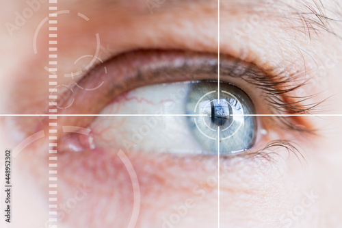 Eye monitoring and eye scan treatment. Biometric scan of male eye closeup.