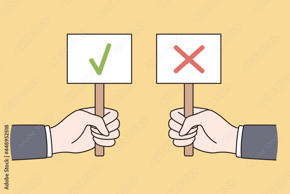 Correct and incorrect signs concept. Hands of people holding signs with green mark approval and red denying symbol over yellow background vector illustration 