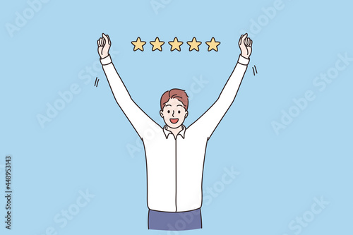Business rating, success, reaching goal concept. Young smiling businessman cartoon character standing feeling happy with five stars rating above vector illustration 