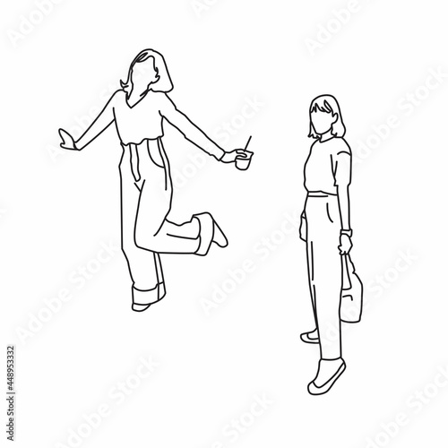 illustration of a 2 girls in short hair line art drawing