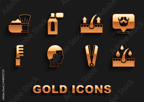 Set Hairstyle for men, Barbershop, Oil hair care treatment, Curling iron, Hairbrush, Human follicle, Shaving with foam and Aftershave atomizer icon. Vector