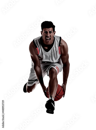 Silhouette of professional sportsman playing basketball on white background © New Africa