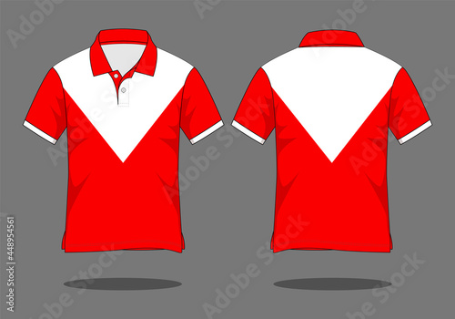 Sport white-red short sleeve polo shirt with triangle shape design vector on gray background.Front and back view.