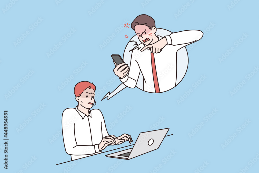 Communication with client at work concept. Angry man customer shouting at worker on phone over blue background vector illustration 