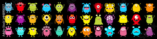Monster super big icon set. Happy Halloween. Funny head face colorful silhouette. Cute cartoon kawaii baby character. Eyes horn teeth fang tongue. Hands up, down. Flat design. Black background.