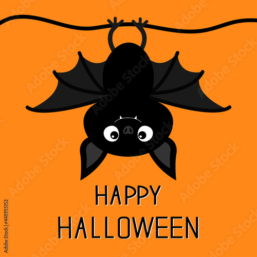 Cute hanging bat. Happy Halloween. Cartoon kawaii funny baby animal charater. Greeting card. Flat design. Orange background. Isolated.