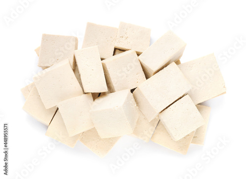 Delicious raw tofu pieces on white background, top view