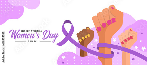 international women day - purple ribbon rolling around woman Fist hand on abstract curve sharp texture background vector design
