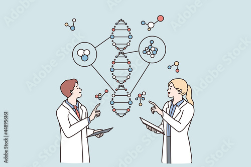 Laboratory research and genetic engineering concept. Young scientists woman and man cartoon characters standing communicating about science research in flask together vector illustration 