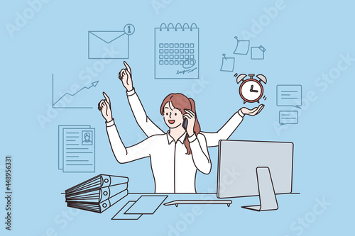 Employee efficiency and multitask concept. Young woman worker sitting in office having productive day. Quality and timeliness, work optimization vector illustration