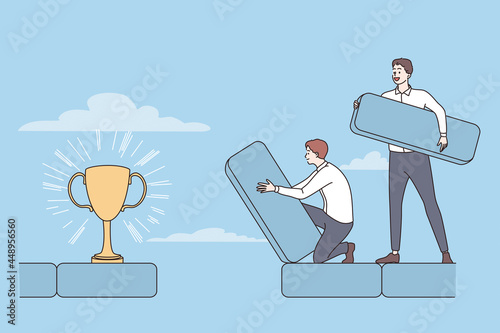 Teamwork, success, achieving goal concept. Two young smiling positive businessmen coworkers making route to golden trophy together as team vector illustration 