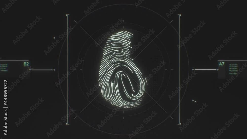 Biometrical fingerprint scanning concept animation. Security guard control. Touch ID validation. Digital human identification. Bio metric scanner. Futuristic HUD. Future technologies. 4K hi-tech clip