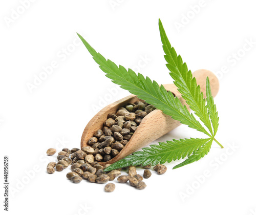 Wooden scoop with hemp seeds and leaf on white background