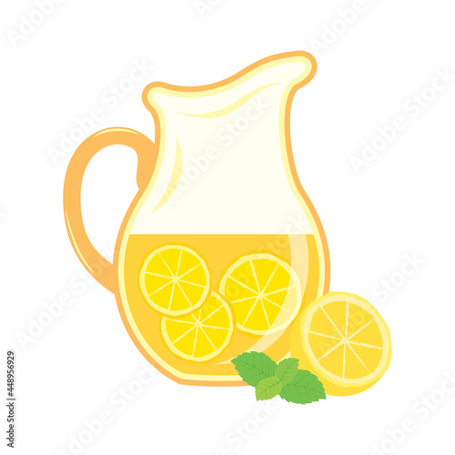 Lemonade pitcher jug with lemons and mint leaf icon vector. Jug with fresh summer drink icon isolated on a white background
