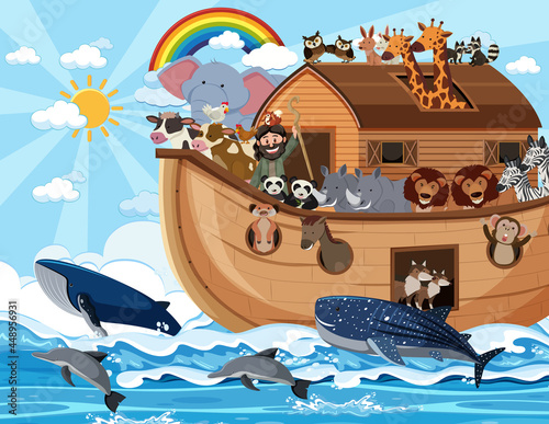Noah's Ark with animals in the ocean scene