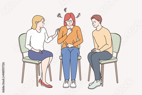 Helping hand and Depression concept. Group of young friends sitting and consoling Young depressed sad frustrated teen girl vector illustration 