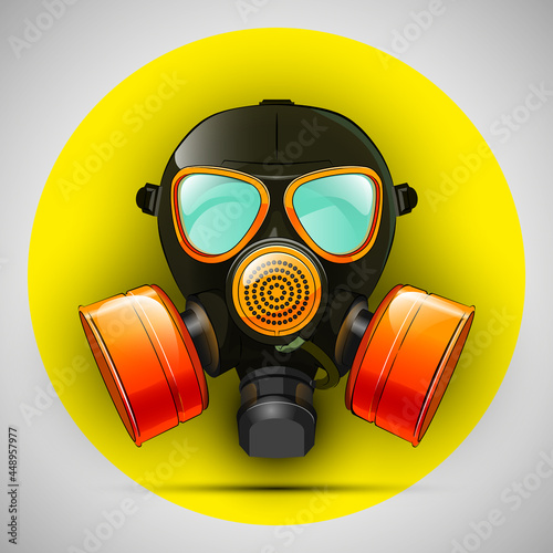 Gas mask respirator skull breather on round background. Protective radiation suit in circle badge. Breathing gas mask apparatus with two filters. Color illustration