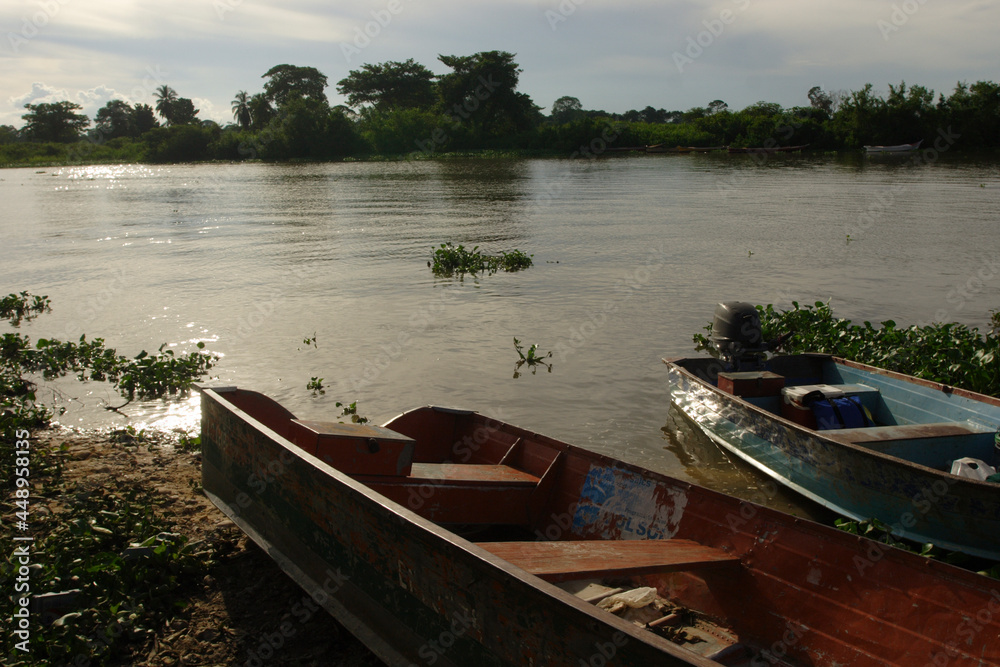 lake landscape with mangroves and fishermen's wooden boats at dusk