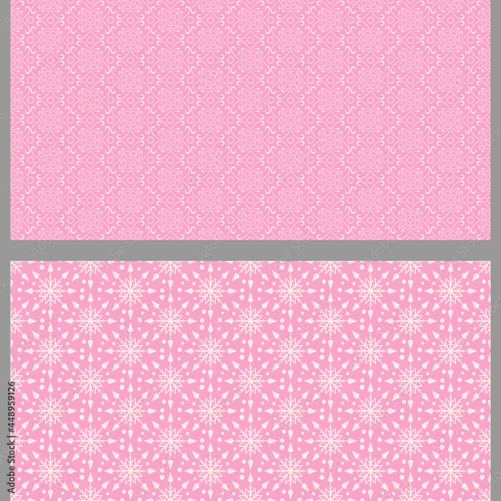 Beautiful background patterns with decorative elements. Set. Used colors: pink, white, wallpaper. Seamless pattern, texture. Vector illustration for design. Beautiful background patterns with decorative elements. Set. Used colors: pink, white, wallpaper. Seamless pattern, texture. Vector illustration for design.