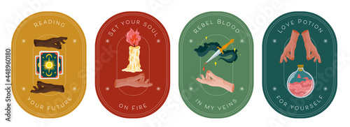 Collection. Vector Illustration Icon, Card, Banner. Ritualistic, Wicca, witch art with elements and inspirational quotes. 
