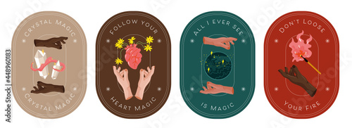 Collection. Vector Illustration Icon, Card, Banner. Ritualistic, Wicca, witch art with elements and inspirational quotes. 