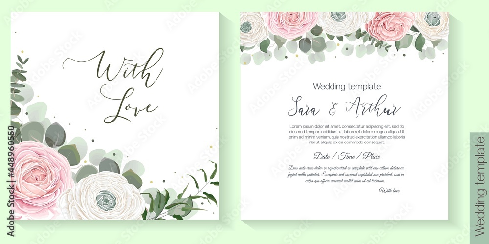 Wedding card with flowers. Floral vector frame design. Roses, ranunculus, eucalyptus and green plants. Elements are isolated and editable. 