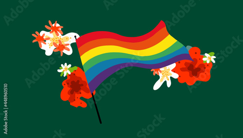 Vector Illustration of a Rainbow Pride flag blowing in the wind. In the background are colorful flowers. 