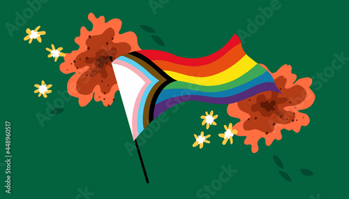 Vector Illustration of a Progress Rainbow Pride flag blowing in the wind. In the background are colorful flowers. 