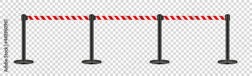 Realistic retractable belt stanchion on transparent background. Crowd control barrier posts with caution strap. Queue lines. Restriction border and danger tape. Vector illustration.