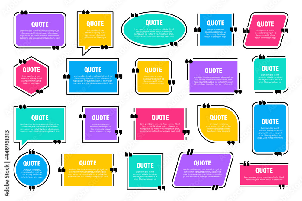 Set of colorful isolated quote frames. Speech bubbles with quotation marks. Blank text box and quotes. Blog post template. Vector illustration.