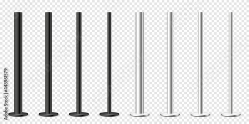 Realistic metal poles collection isolated on transparent background. Glossy steel pipes of various diameters. Billboard or advertising banner mount, holder. Vector illustration.